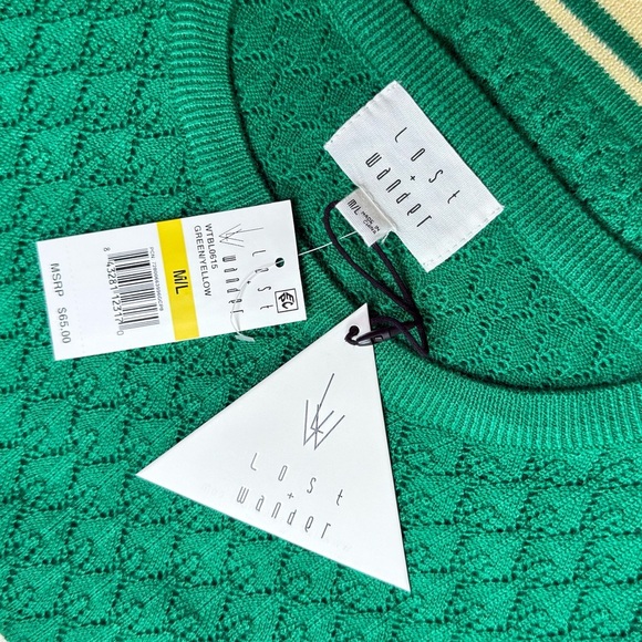 Women’s Lost + Wander Knit Short Sleeve Knit Top M/L Green Yellow Trim Tiny Flaw - Picture 5 of 7